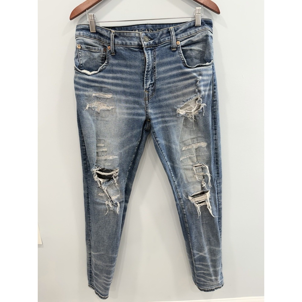 American Eagle AirFlex 34x30 Medium Wash Distressed Patch Jeans